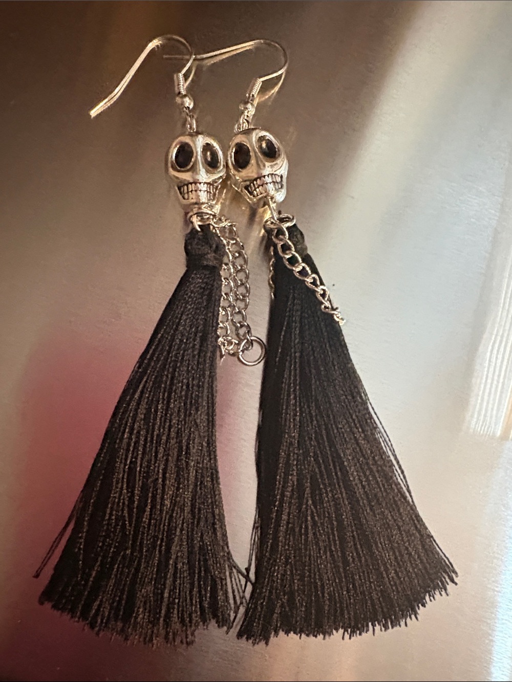 Black Skull Tassel Drop Earrings - Statement Fringe Style never worn
